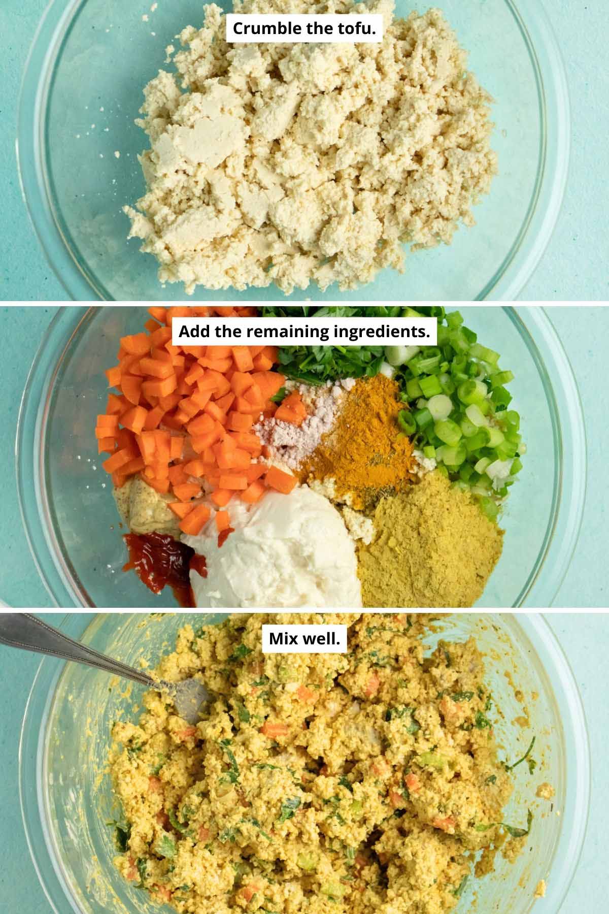 image collage showing the crumbled tofu, the other salad ingredients in the bowl, and the vegan egg salad all mixed together