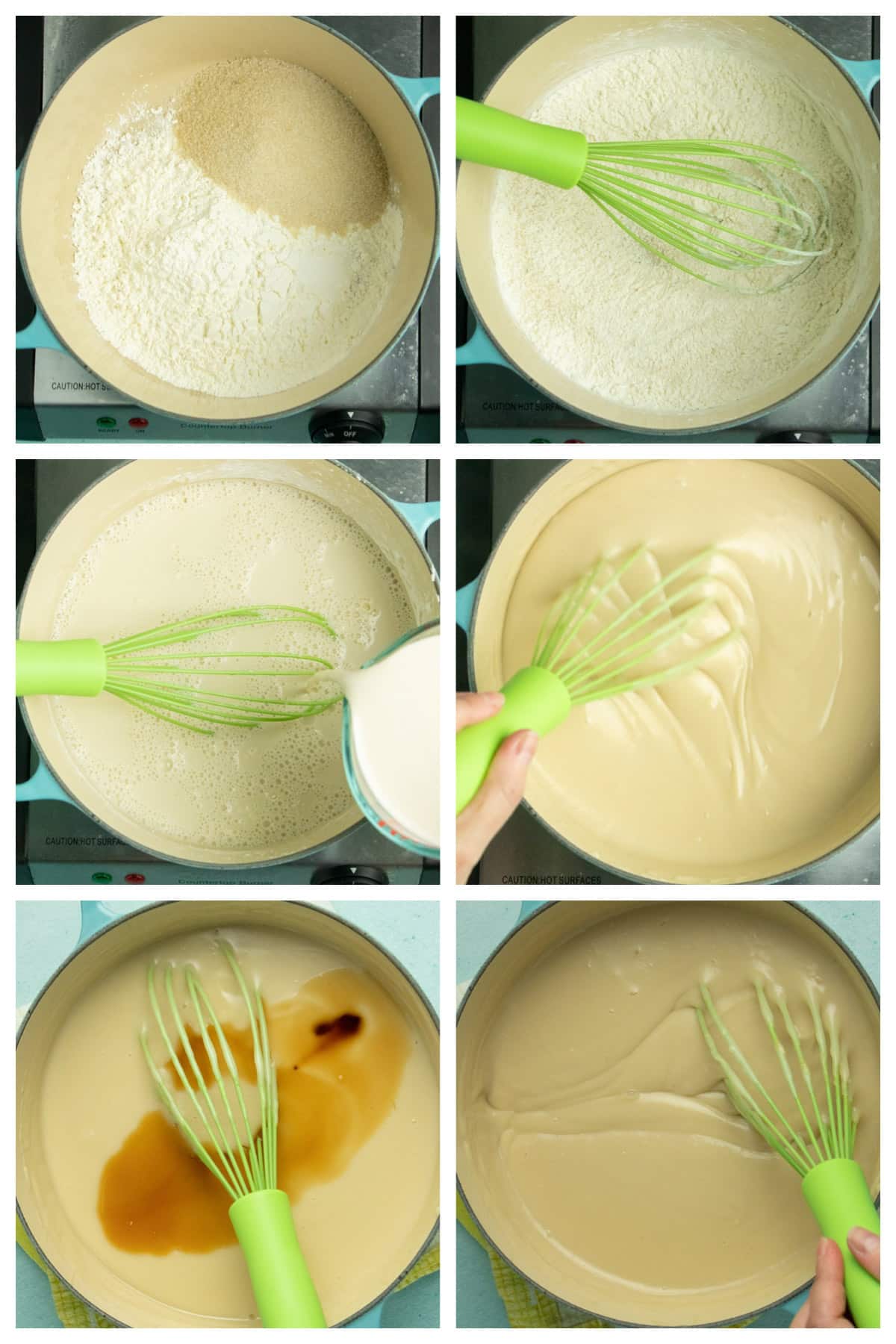 image collage showing the pudding thickening as you cook, and then adding the vanilla extract