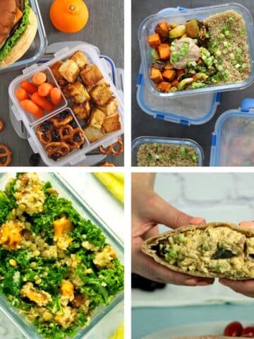 image collage of vegan packed lunches: sandwich, quinoa salad, kale salad, chickpea sandwich