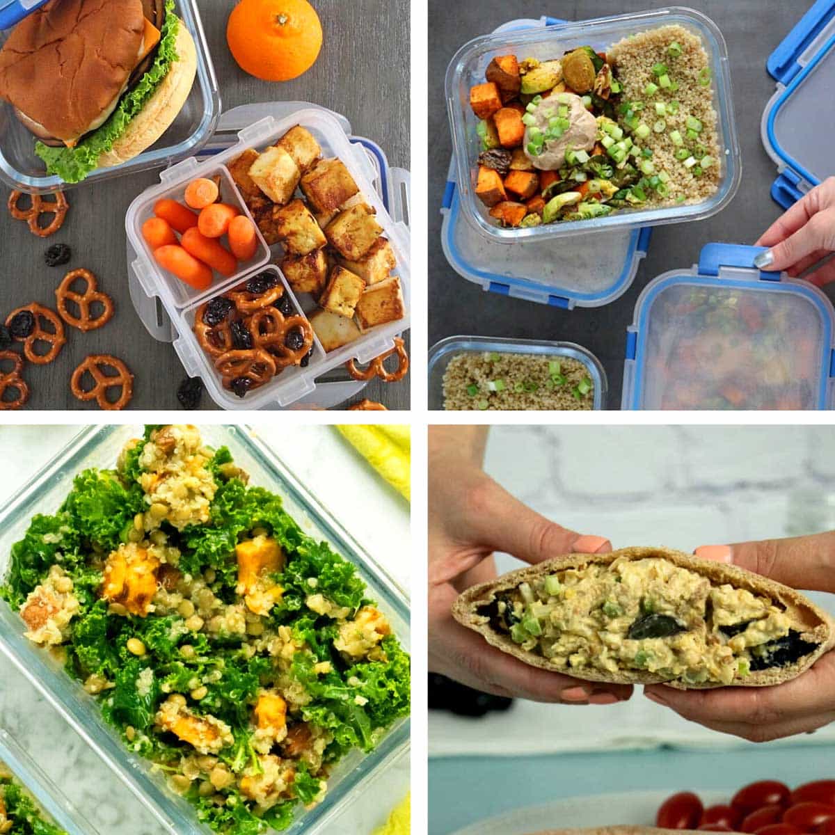 image collage of vegan packed lunches: sandwich, quinoa salad, kale salad, chickpea sandwich