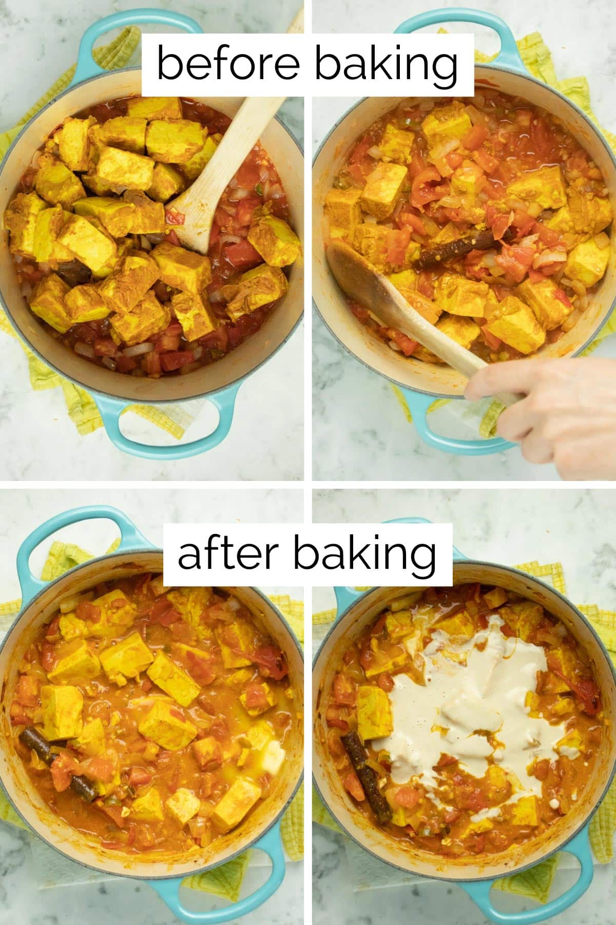 image collage showing the curry before and after baking