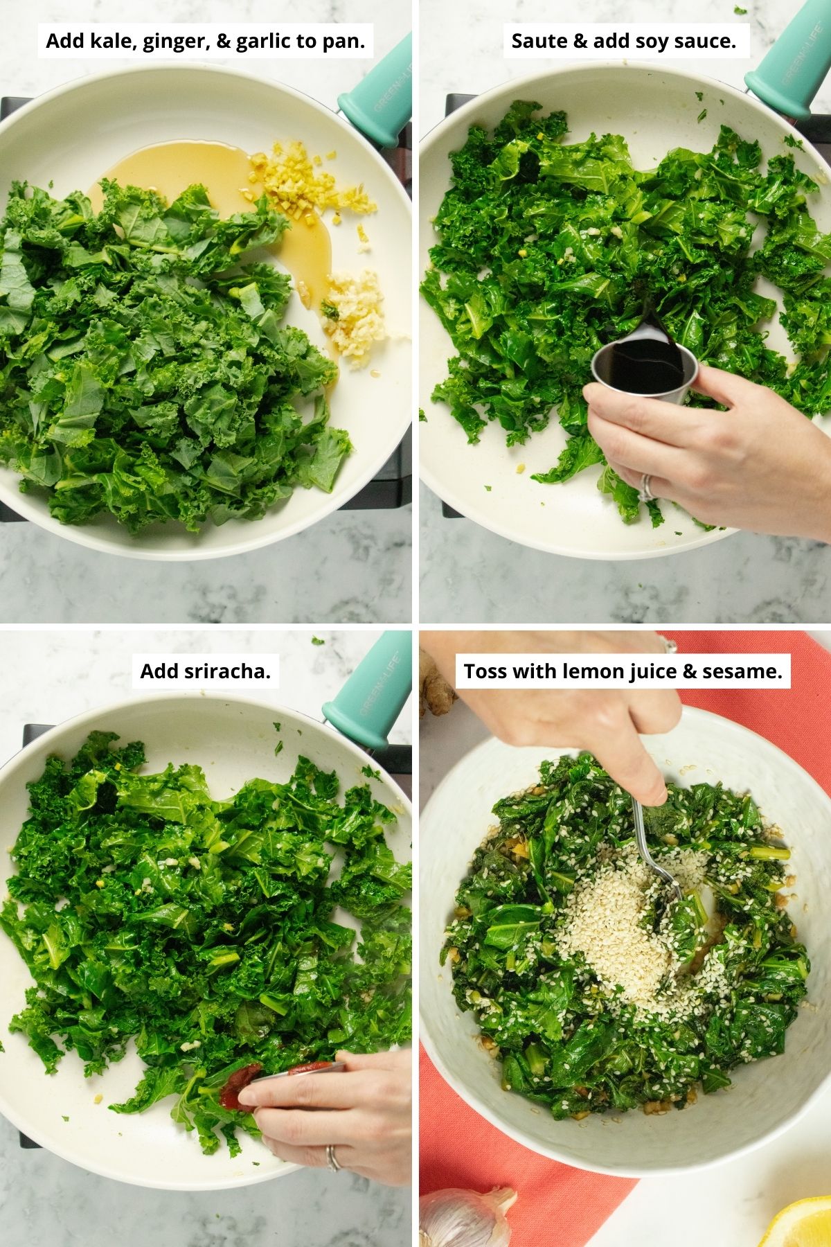 image collage showing adding the kale to the pan, adding the soy sauce and sriracha after cooking, and tossing with lemon and sesame seeds in the serving bowl