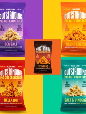 image collage showing packaging for all 5 flavors of Pig Out Crunchies: sea salt, nacho cheese, BBQ, Hella hot, and salt and vinegar