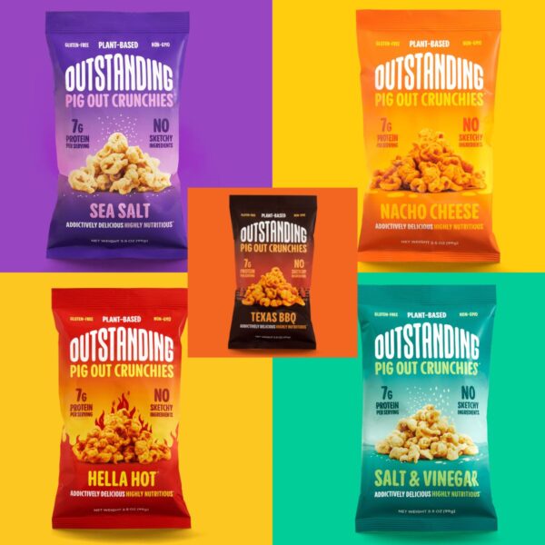 image collage showing packaging for all 5 flavors of Pig Out Crunchies: sea salt, nacho cheese, BBQ, Hella hot, and salt and vinegar