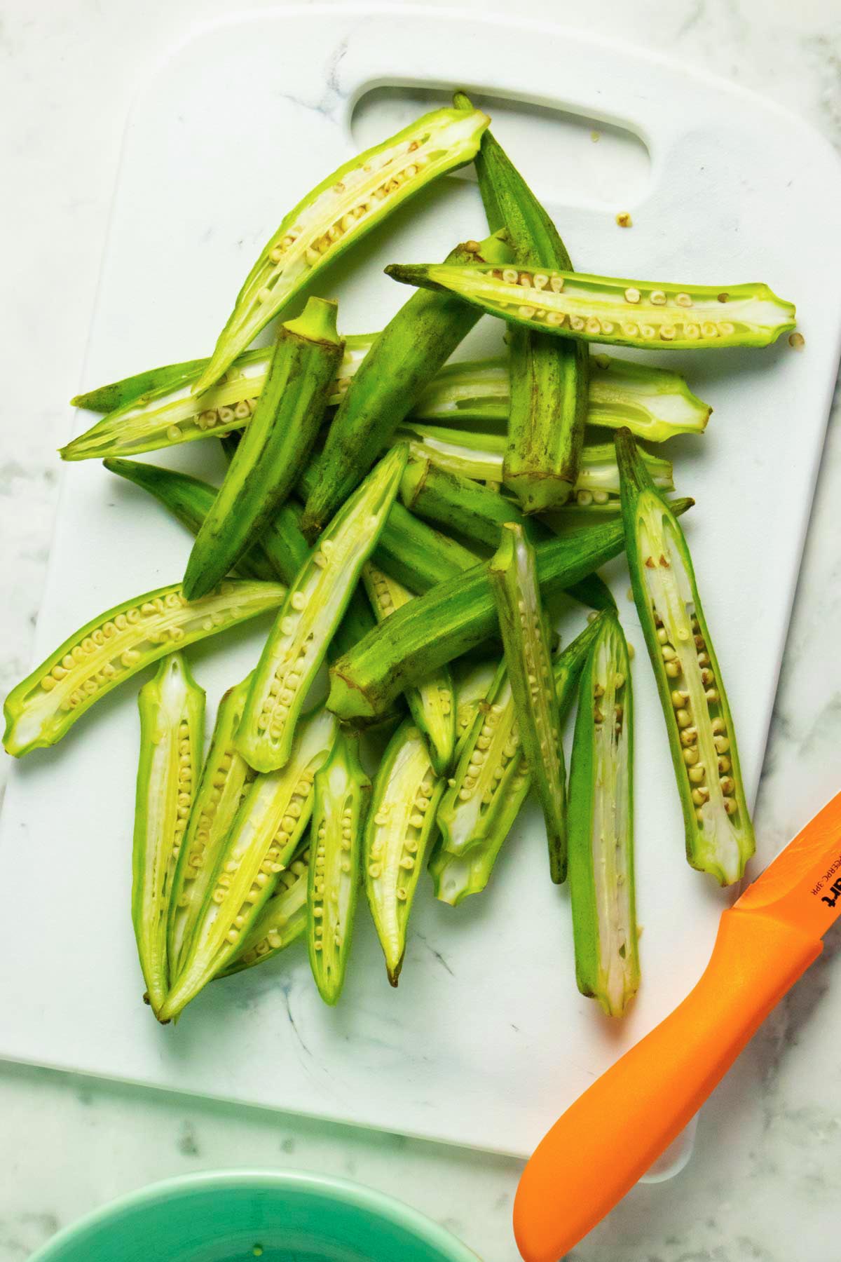 okra after slicing in half lengthwise