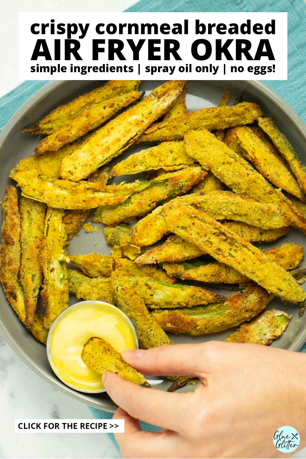 dipping air fryer okra into the sauce, text overlay