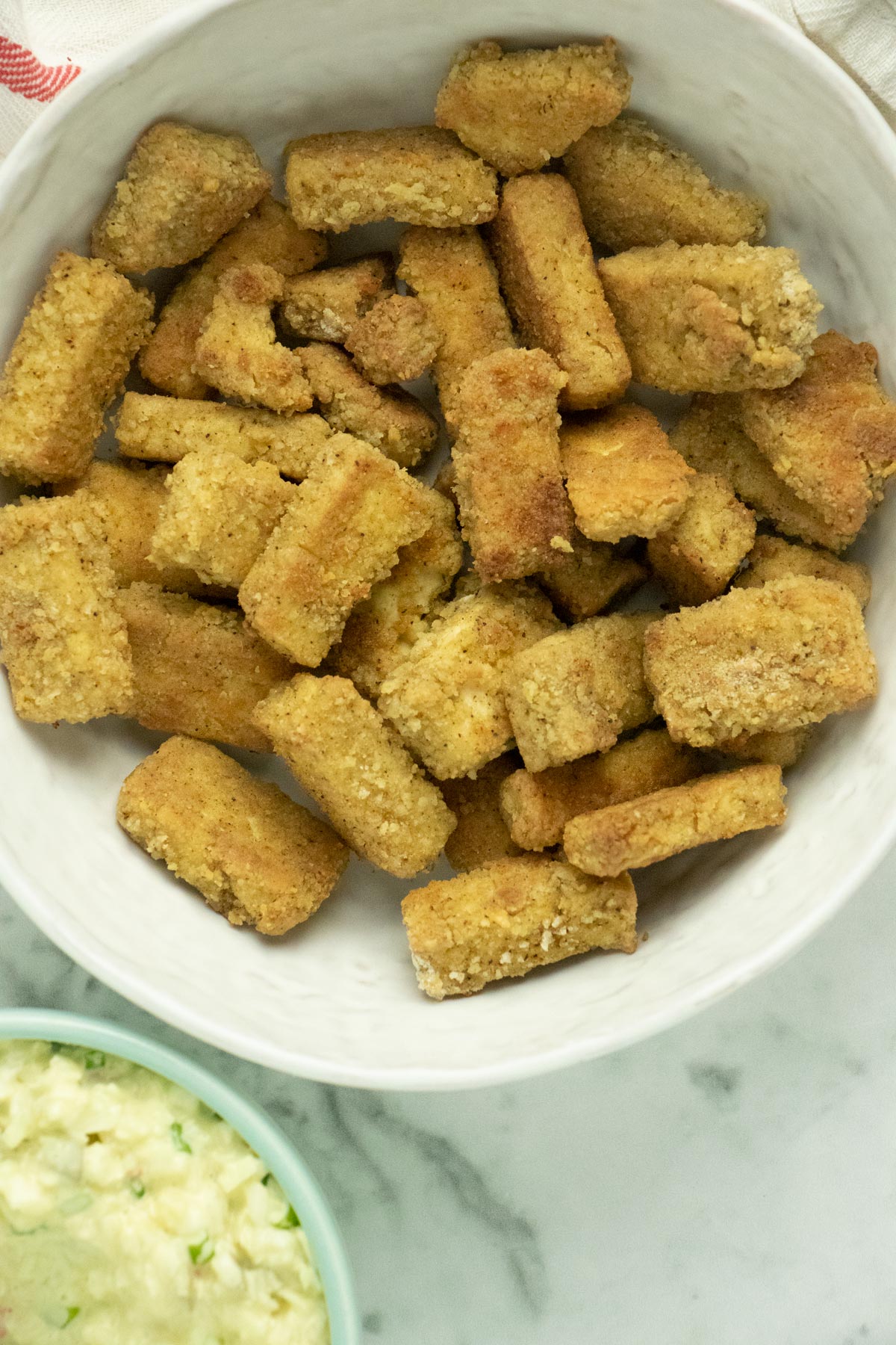 chicken fried tofu in a serving dish