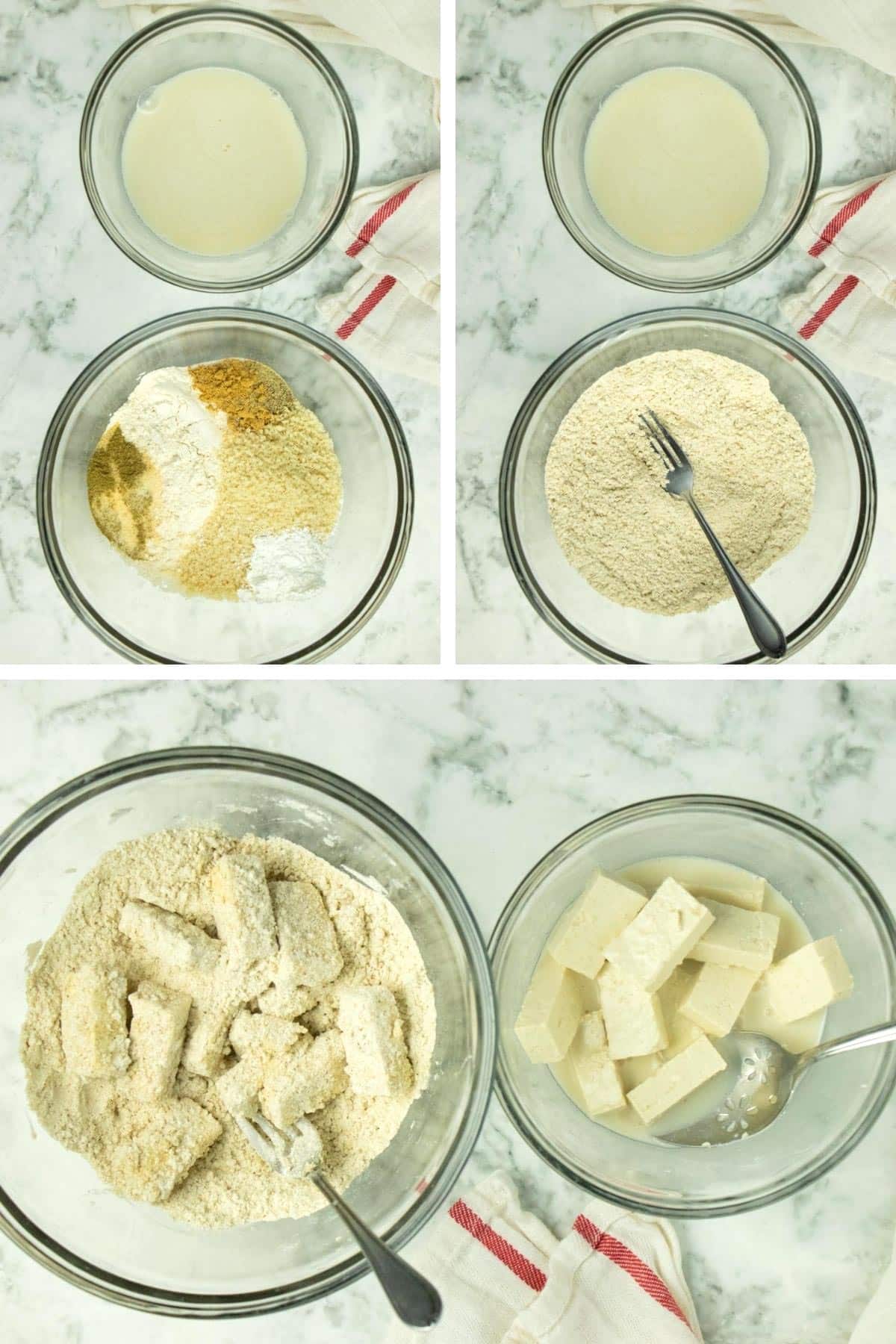 image collage showing how to coat the tofu for the oven