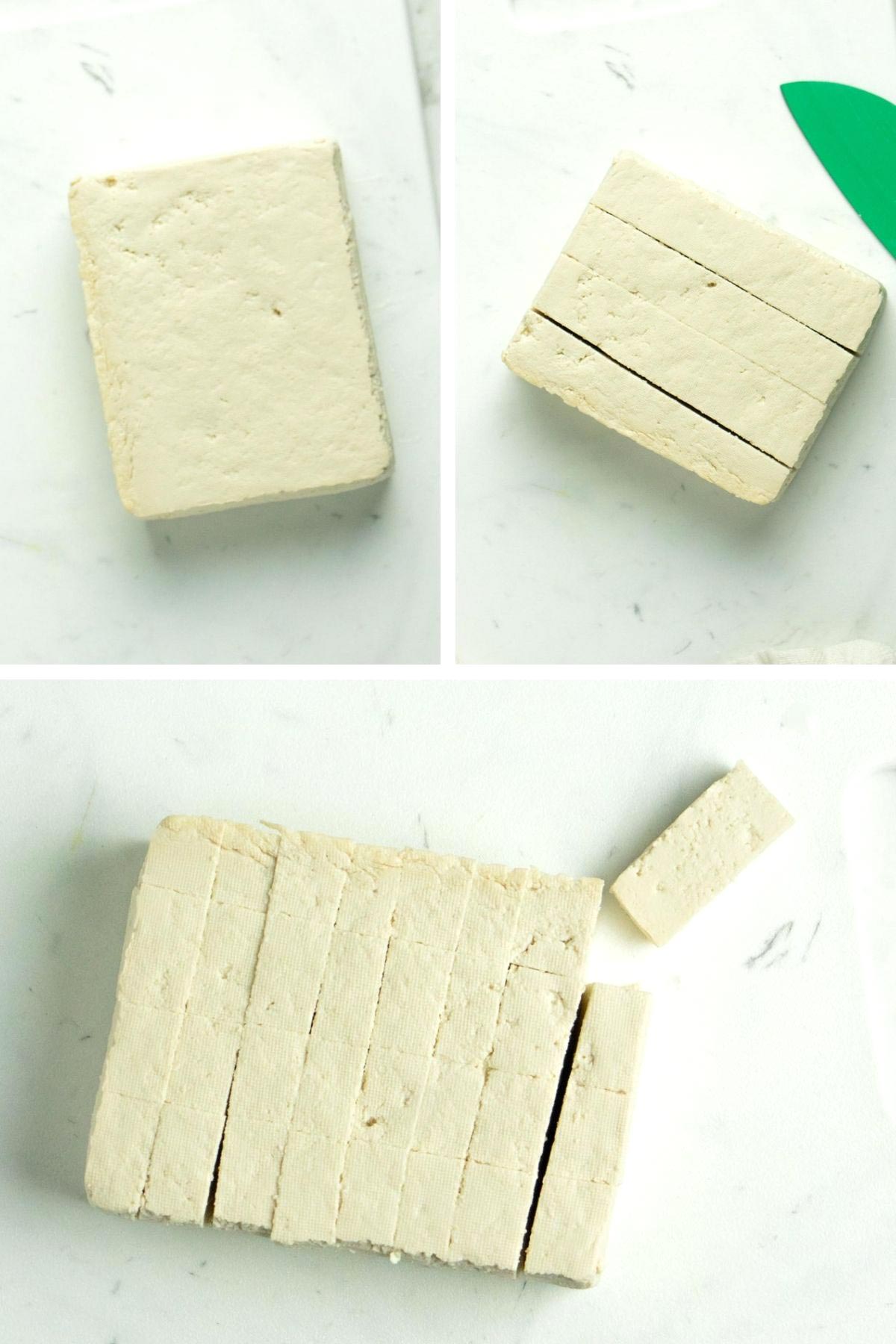 image collage showing how to slice the tofu