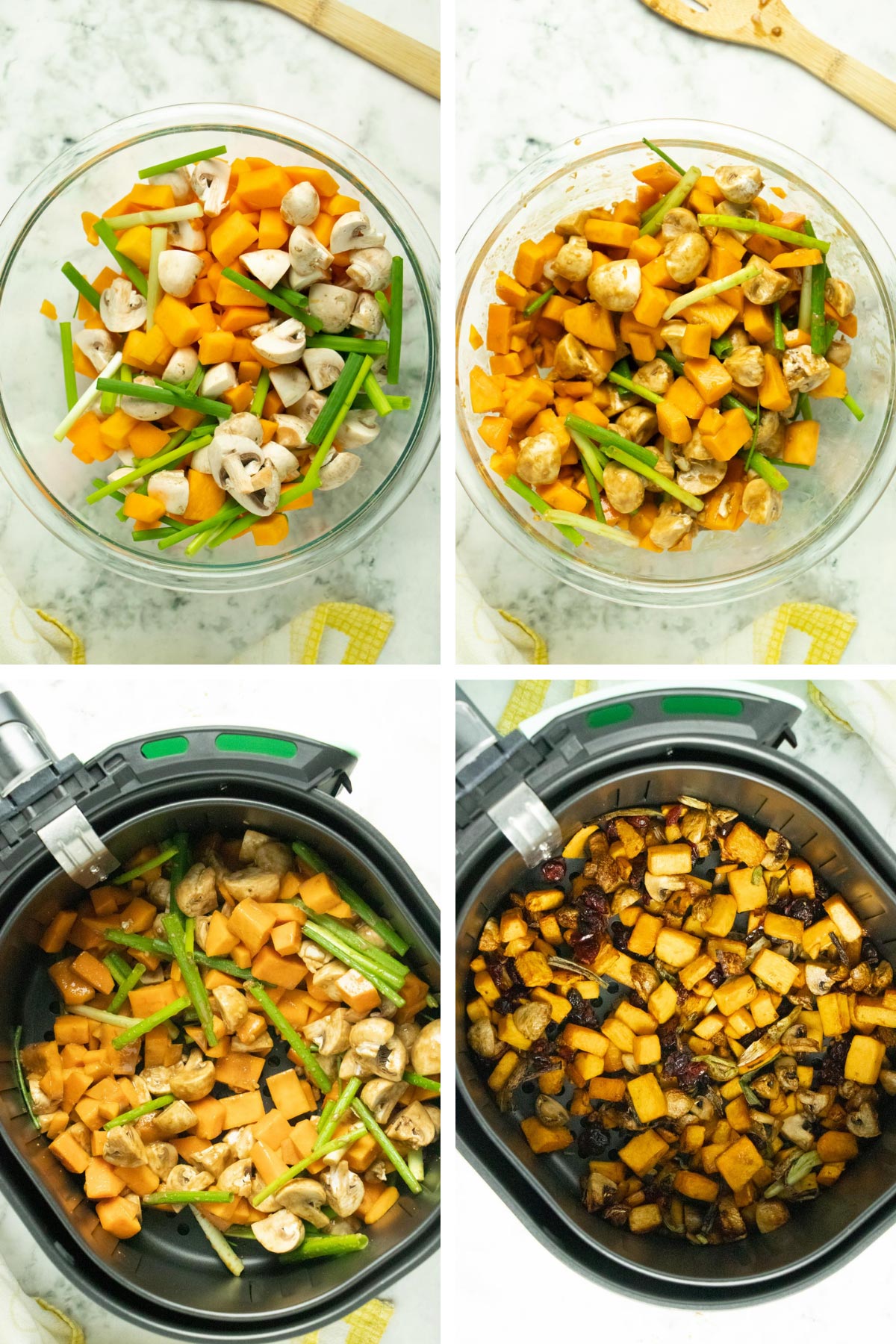 image collage showing butternut squash mixture before and after adding sauce and before and after air frying