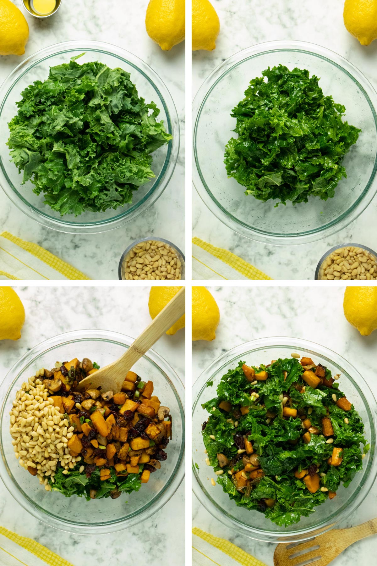 process collage showing the kale before and after massaging and before and after tossing with the squash mixture