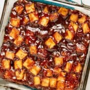 baked bbq tofu in a pan, after baking