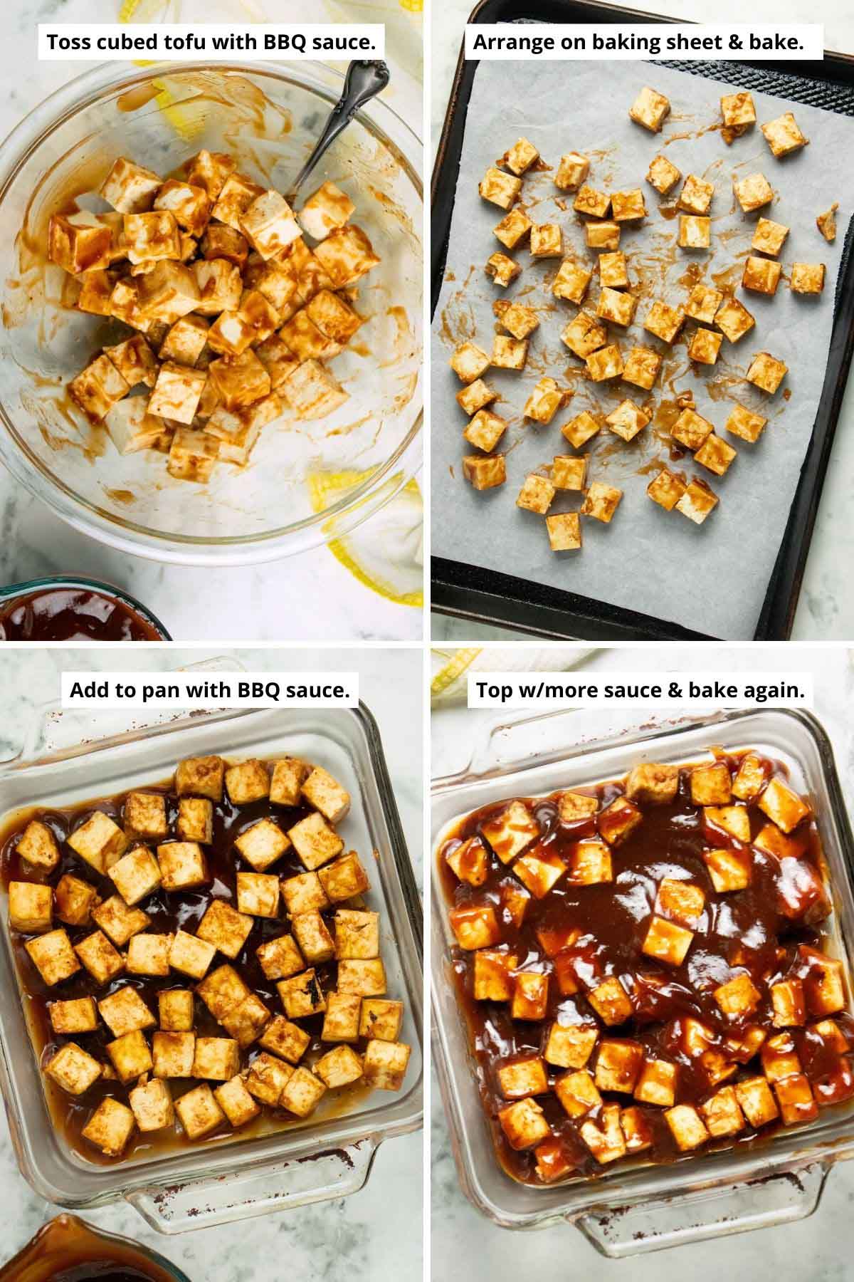 image collage showing the tofu tossed in BBQ sauce and arranged on the baking sheet, tofu in the baking pan with BBQ sauce on the bottom and with BBQ sauce covering it, before baking