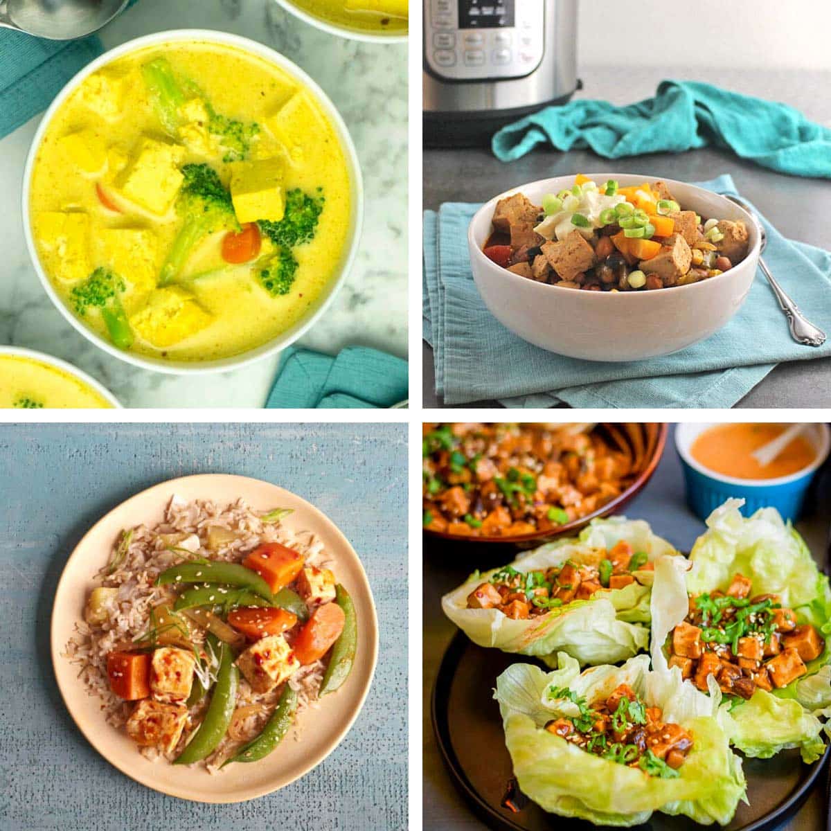 image collage of Instant Pot tofu recipes: soup, chili, sesame, lettuce wraps