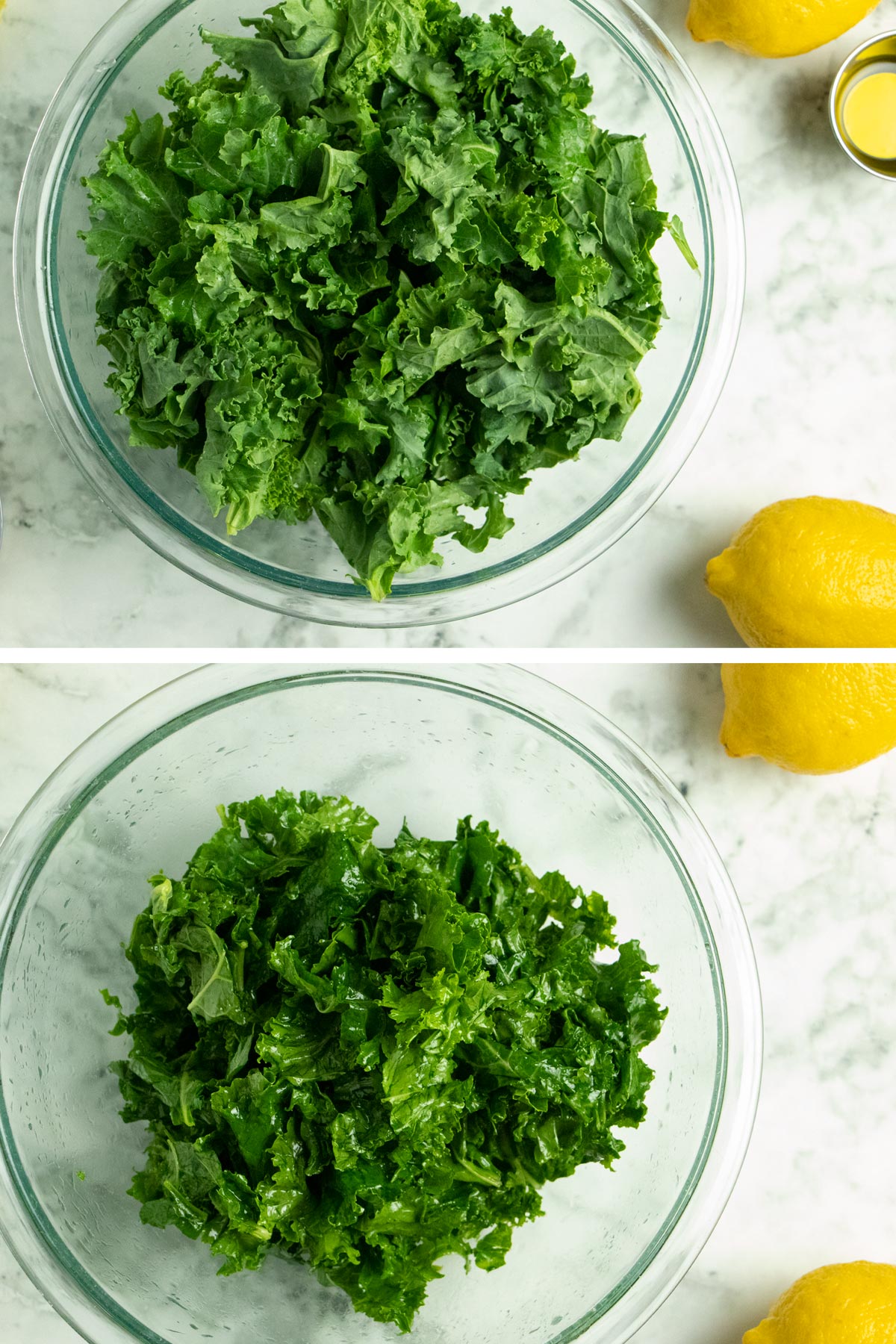image collage showing the kale before and after massaging