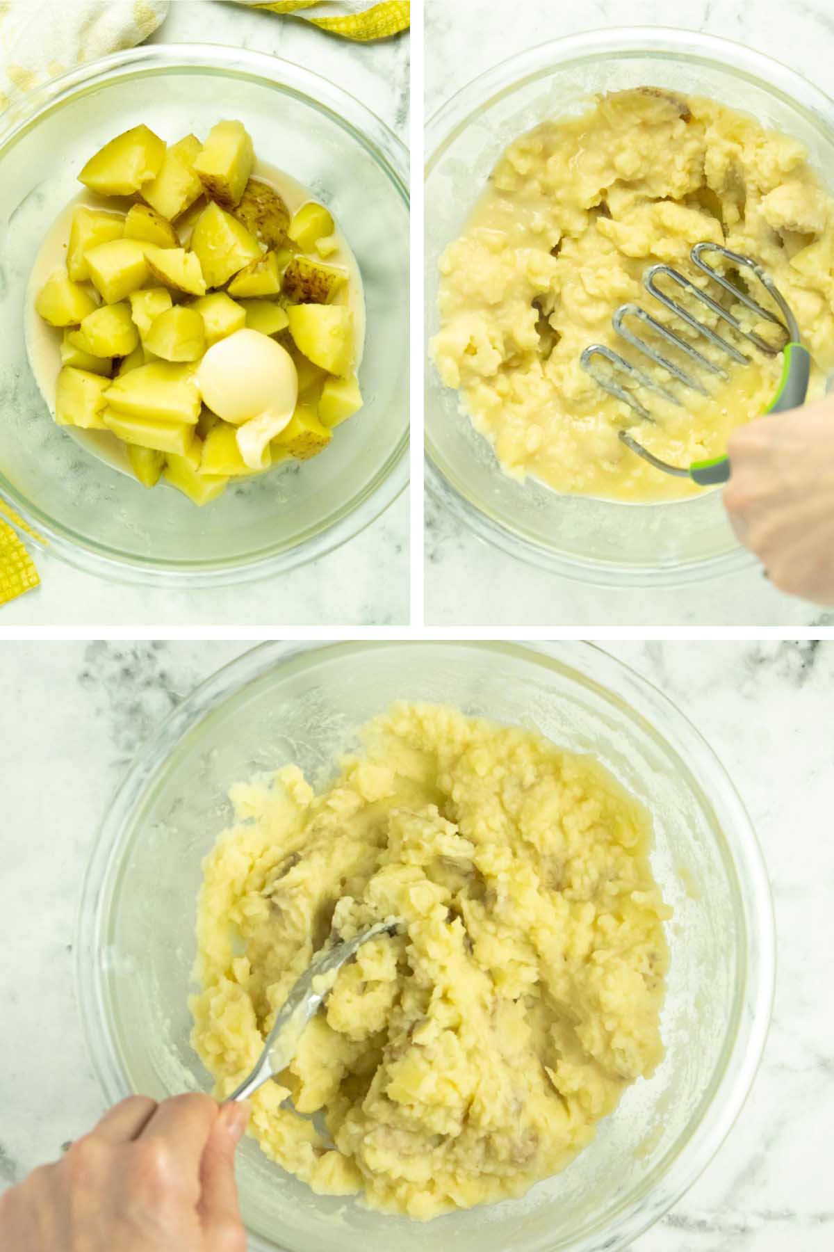 image collage showing mashed potato ingredients and mashing and whipping the potatoes