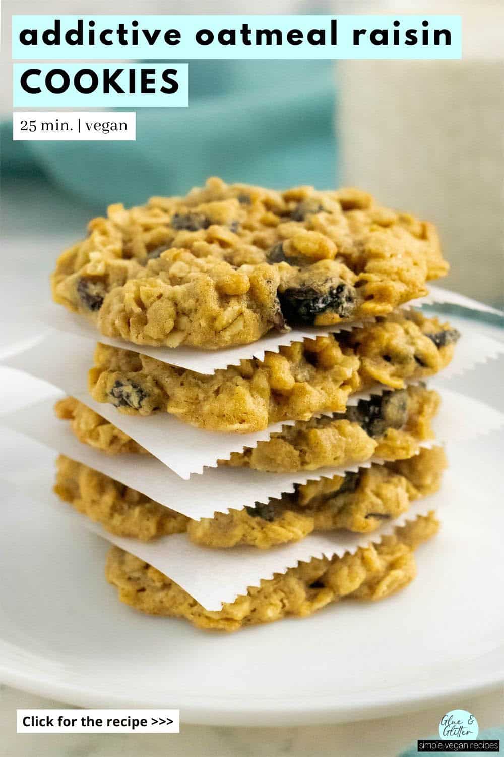 stack of vegan oatmeal raisin cookies on a white plate, text overlay