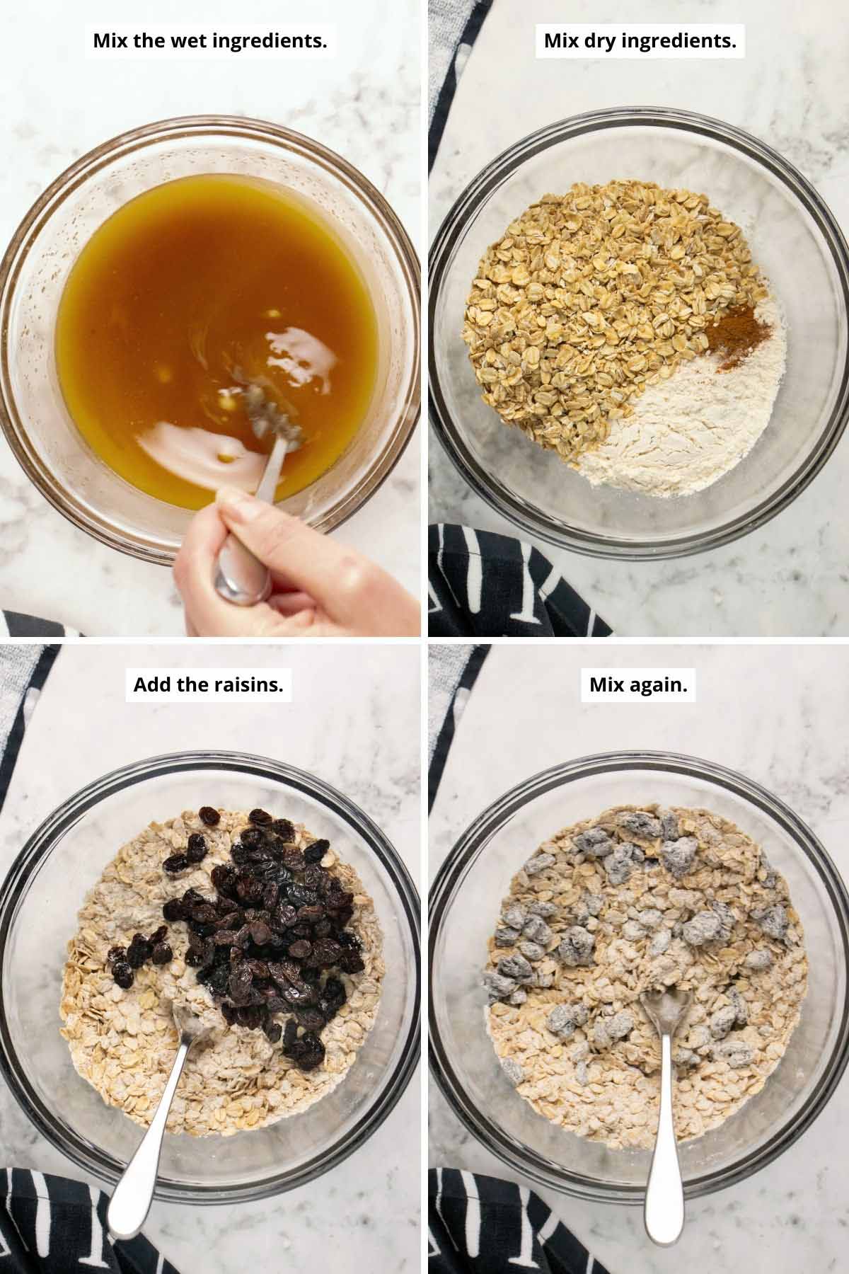 image collage showing mixing the wet ingredients, the dry ingredients in a bowl, adding the raisins, and the raisin mixture after mixing