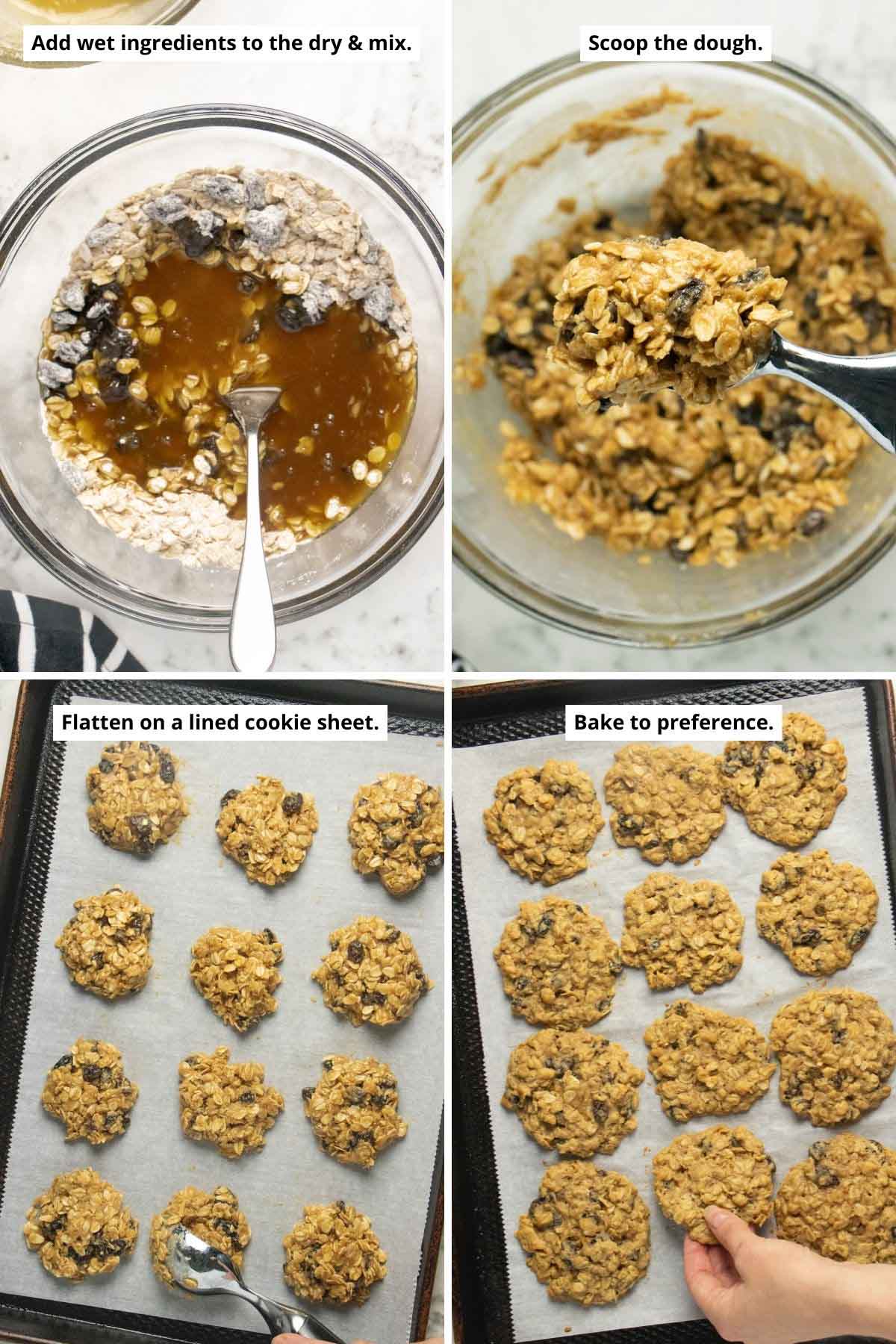 image collage showing adding wet ingredients to the dry, scooping the dough, and the dough on the cookie sheet before and after baking