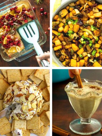 image collage of vegan holiday dishes: cranberry tofu, roasted squash, vegan cheese ball, and vegan eggnog