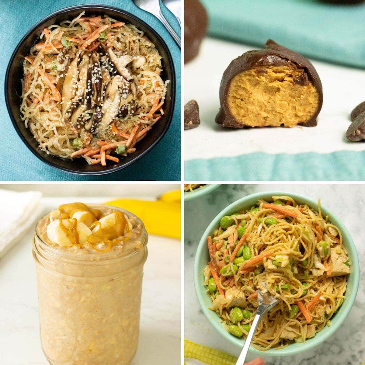 image collage of vegan peanut butter recipes: kelp noodle salad, peanut butter balls, oats, and peanut noodles