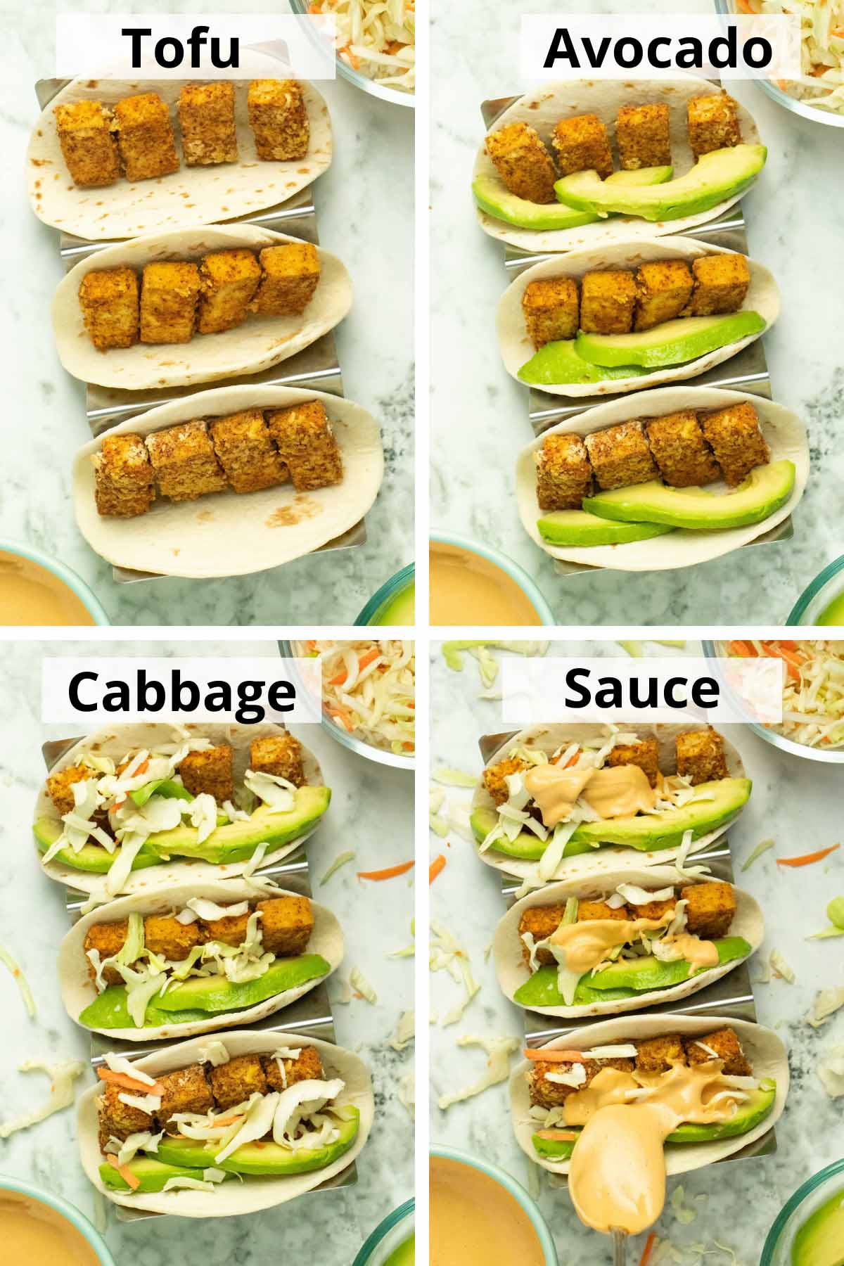 image collage showing the tofu in the tortillas, adding the avocado, adding the cabbage, and adding the sauce