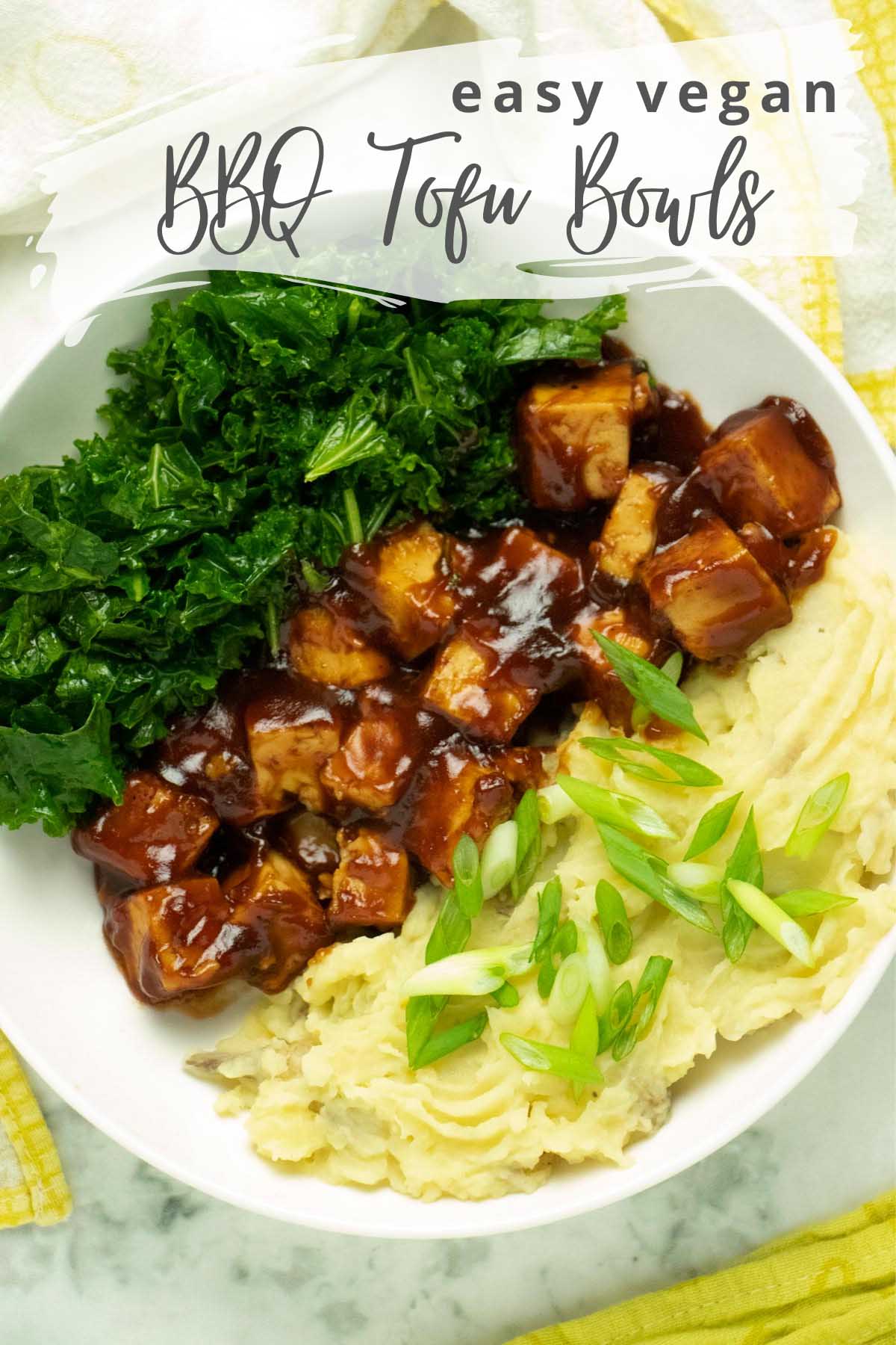 bbq tofu bowl with mashed potatoes and kale