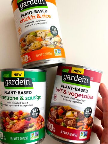 3 varieties of Gardein canned soups: chicken and rice, minestrone and sausage, and beef and vegetable