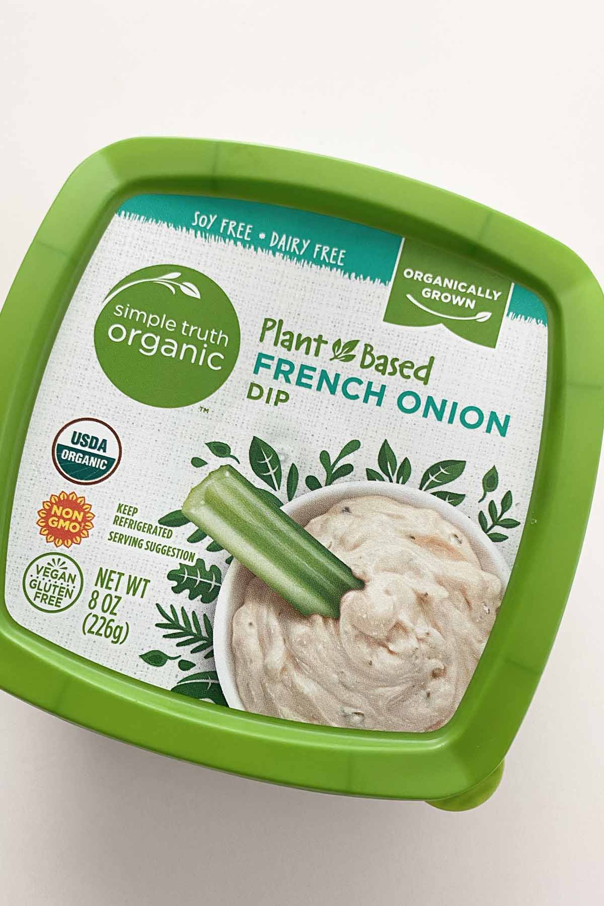 container of Simple Truth Plant-Based French Onion Dip on a white table