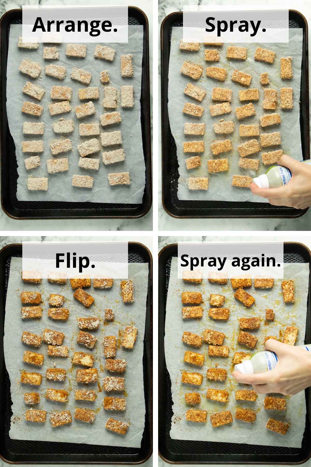 image collage showing tofu on the baking sheet, spraying it with oil, flipped tofu after baking, and the second oil spray