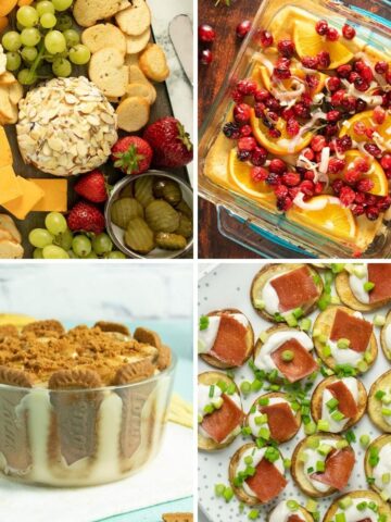 image collage of a few recipes from the vegan New Year's Eve menu: cheese ball, cranberry tofu, banana pudding, potato bites