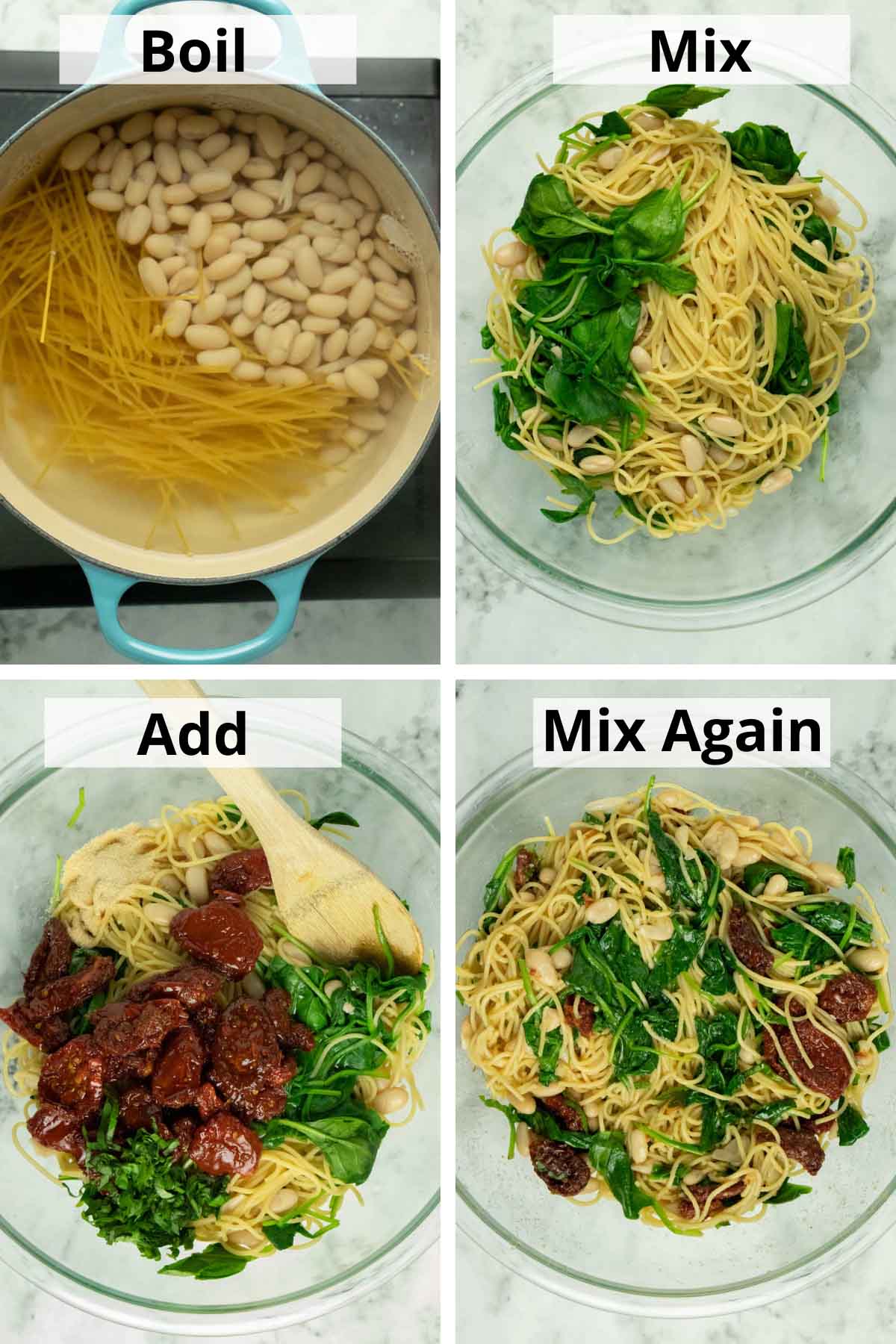 image collage showing how to cook the pasta beans and spinach and tossing it together with the sun dried tomatoes, basil, and garlic.
