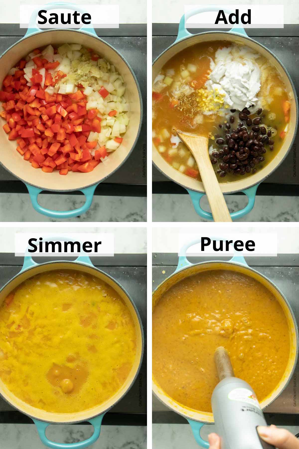 image collage showing the veggie sauté, additional ingredients in the  pot, simmering the soup, and pureeing it