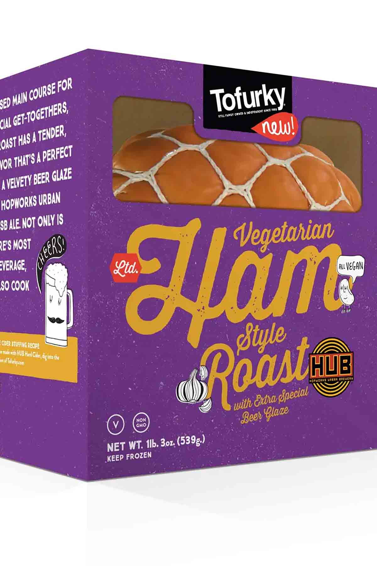 purple box containing a Tofurky Ham, with a cutout so you can see the vegetarian ham at the top