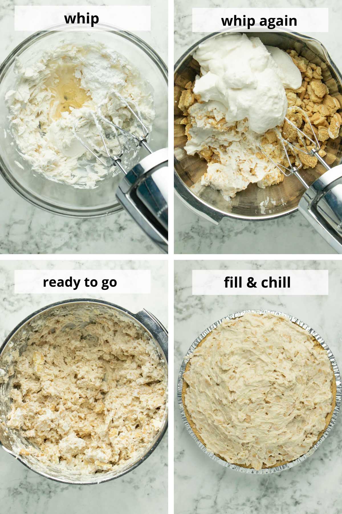 image collage showing the stages of ingredients in the mixing bowl and in the pie crust