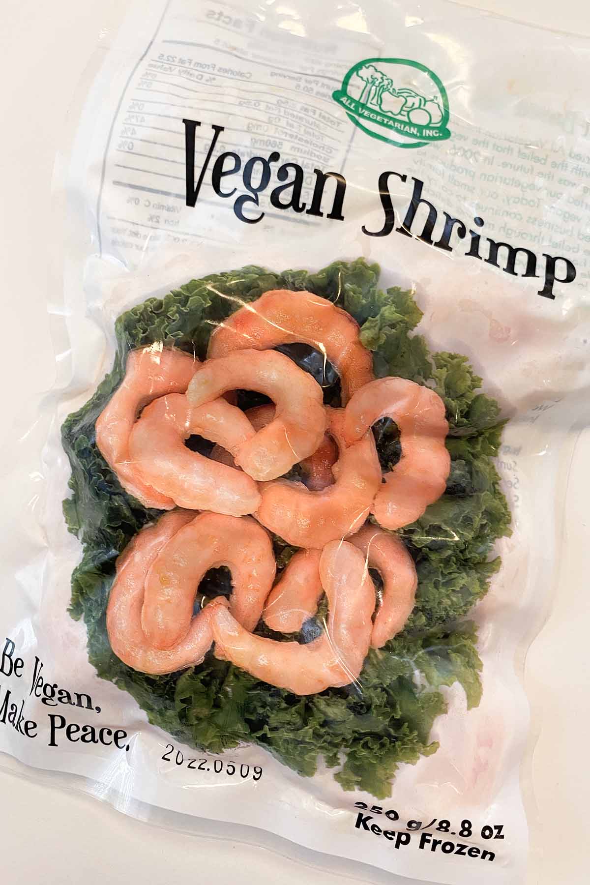 bag of All Vegetarian Vegan Shrimp on a white table