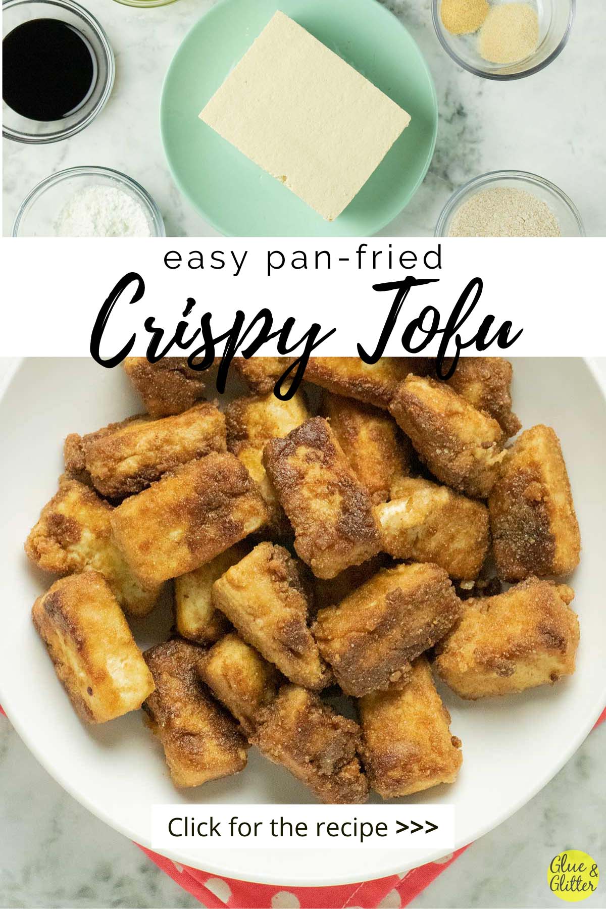bowl of pan fried crispy tofu, text overlay