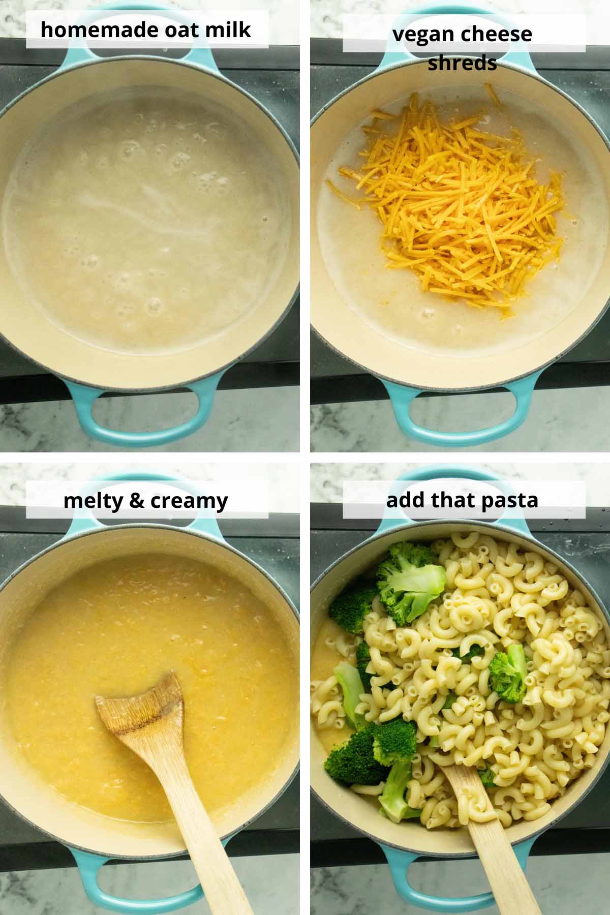 process collage showing making the cheese sauce and adding the pasta and broccoli