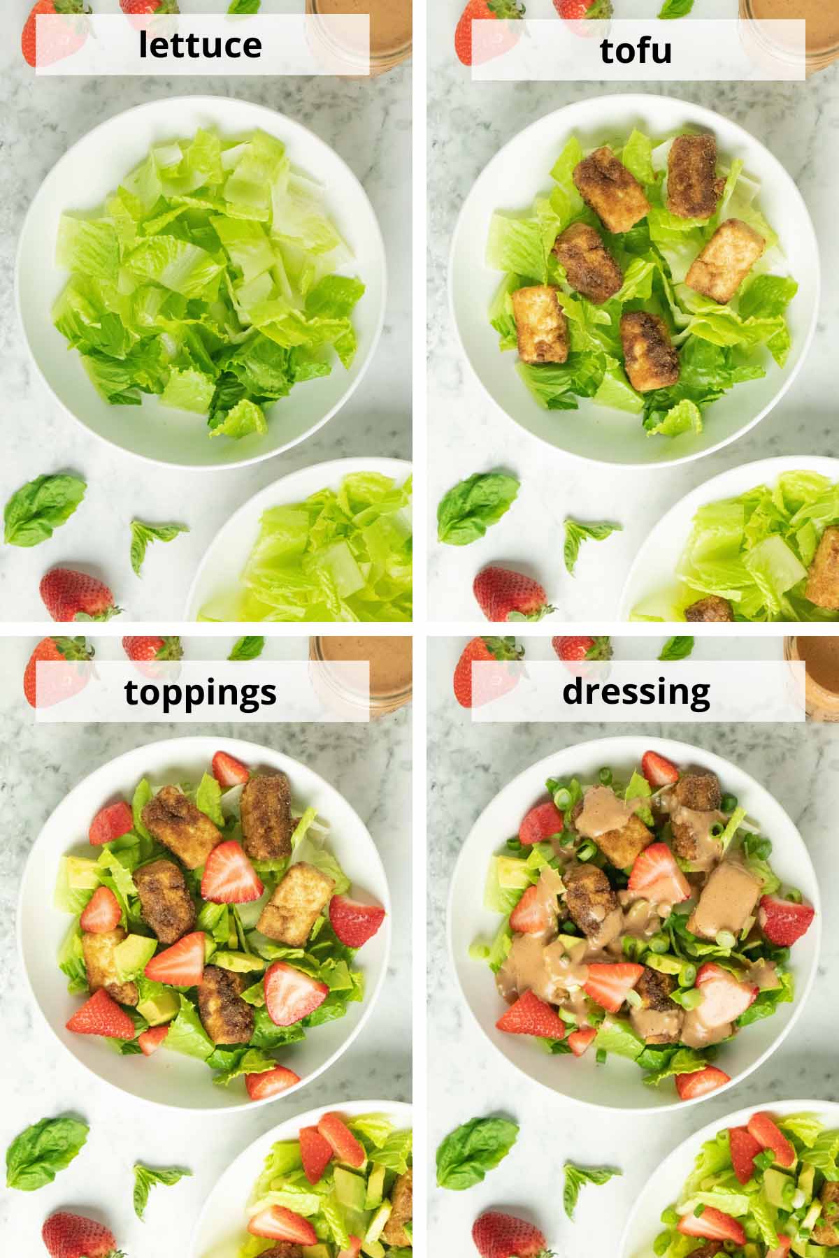 image collage showing a bowl of romaine lettuce, then with tofu added, then with strawberries and avocado added, then with the dressing on top