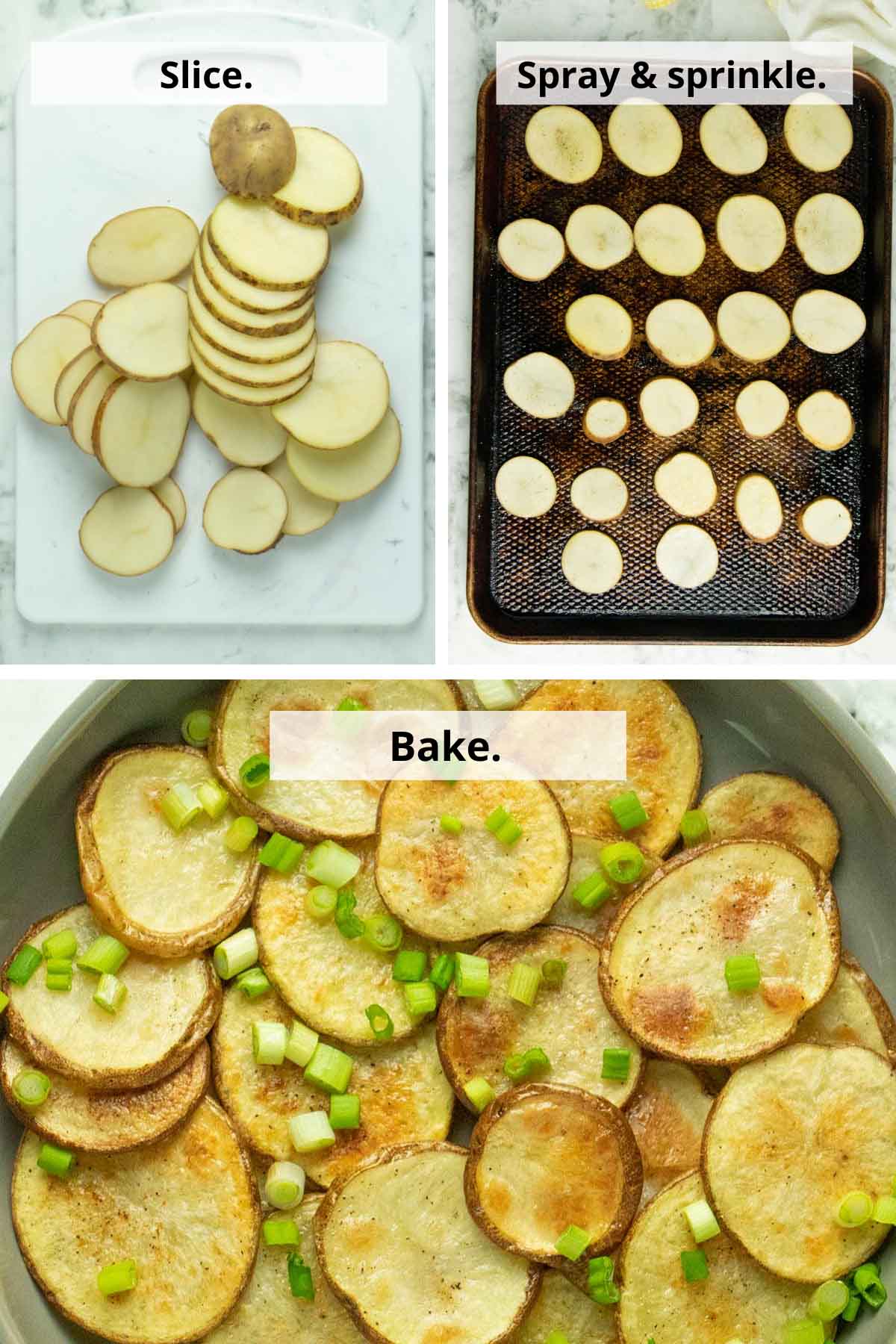image collage showing: sliced potato on the cutting board and then the baking sheet and the potatoes after baking