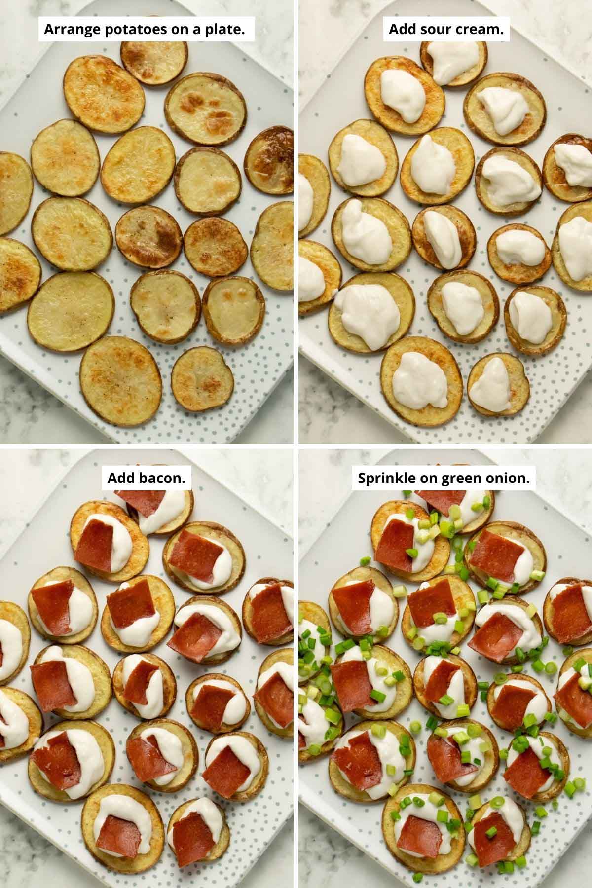 image collage showing the air fryer potato slices and adding each topping