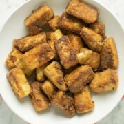 bowl of pan fried crispy tofu