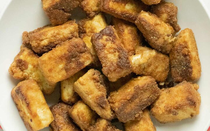 bowl of pan fried crispy tofu