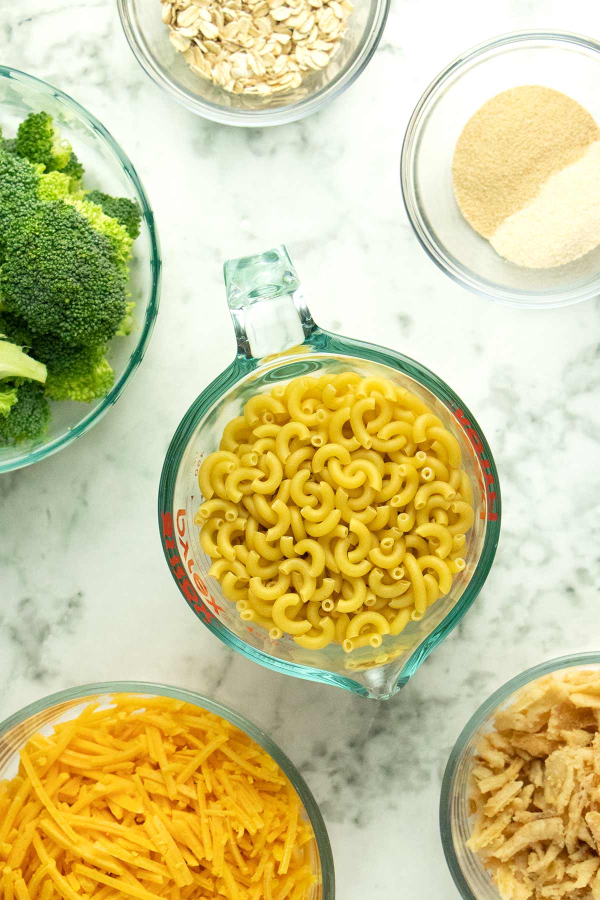 dairy free mac and cheese ingredients on a marble table
