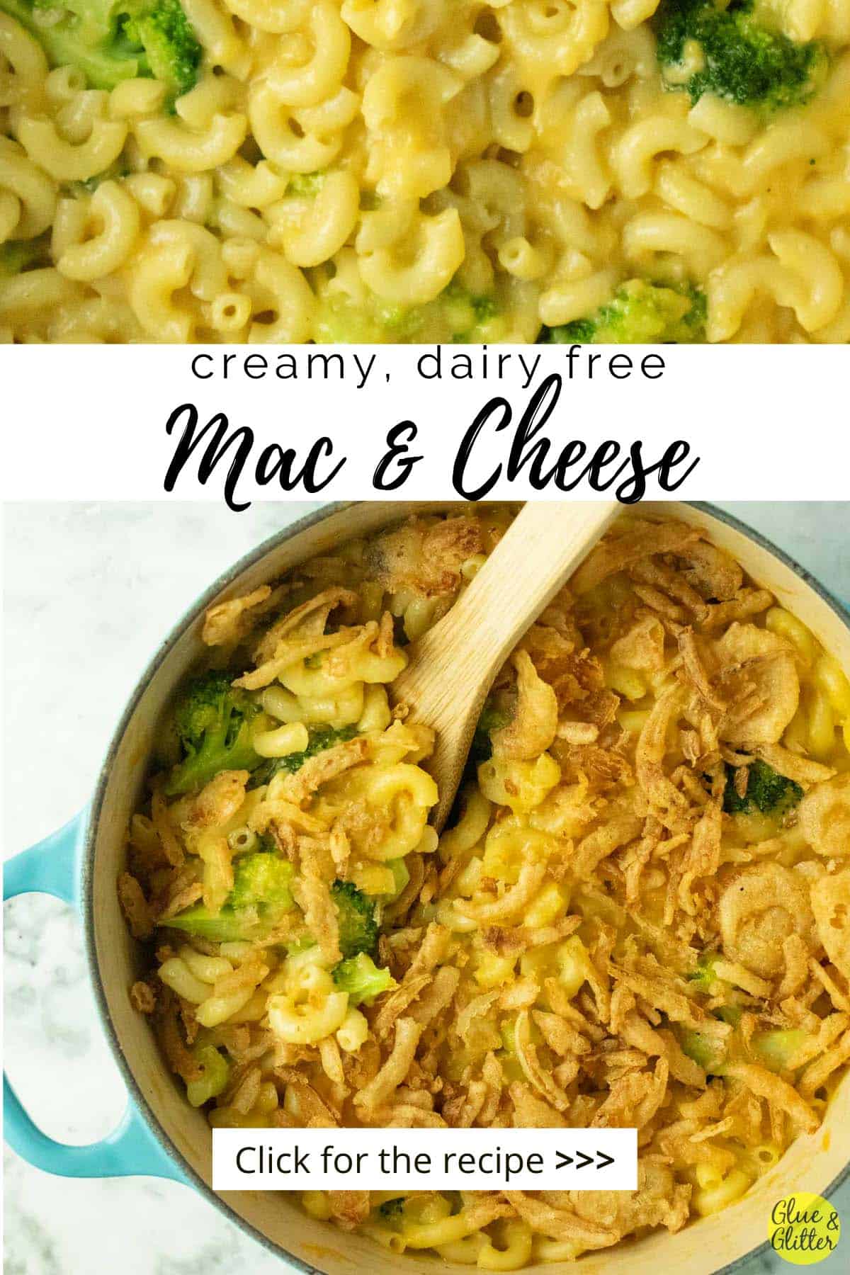 pan of dairy free mac and cheese with a serving spoon