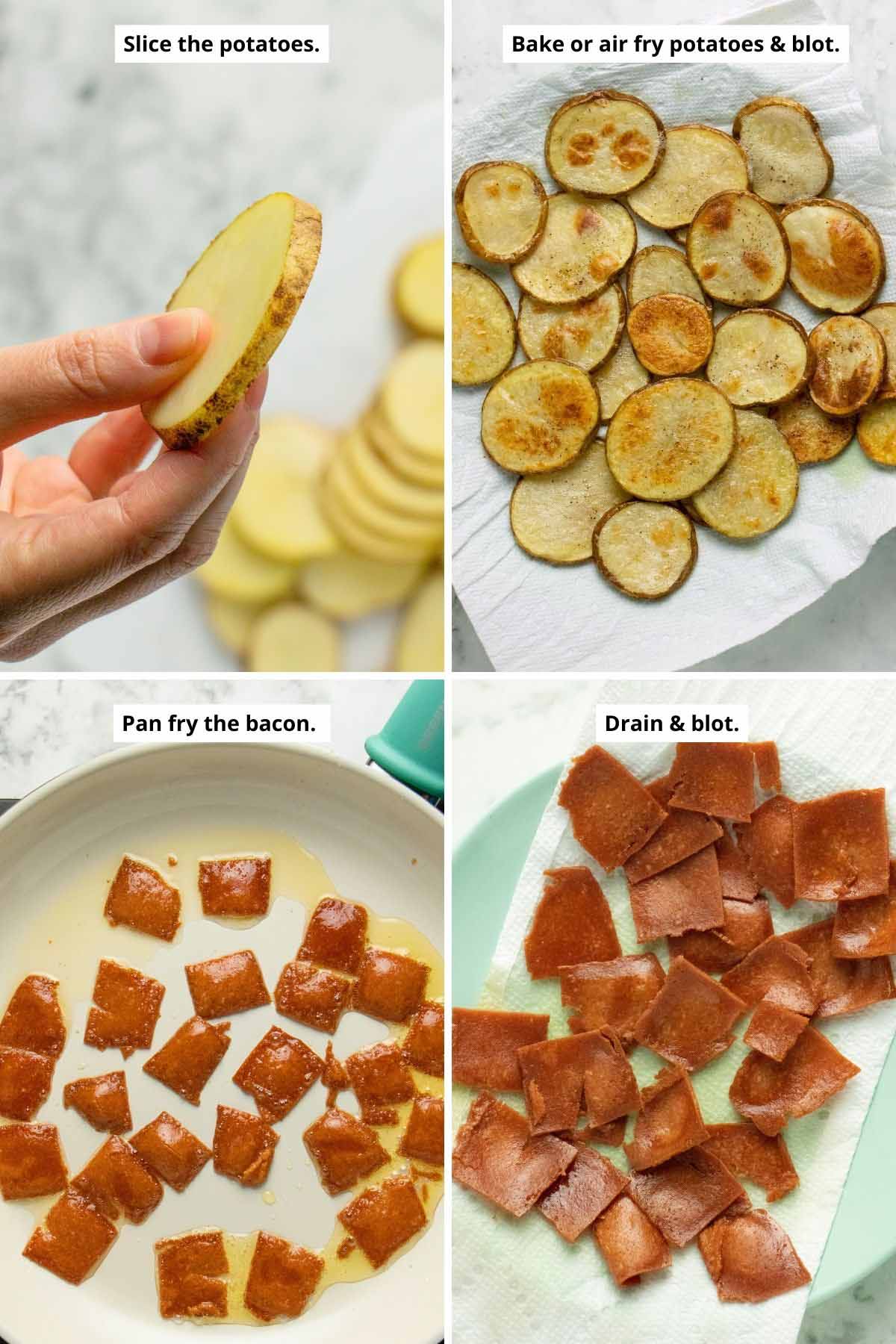 image collage showing the potato slice thickness, blotting the air fryer potatoes, and making and blotting the bacon