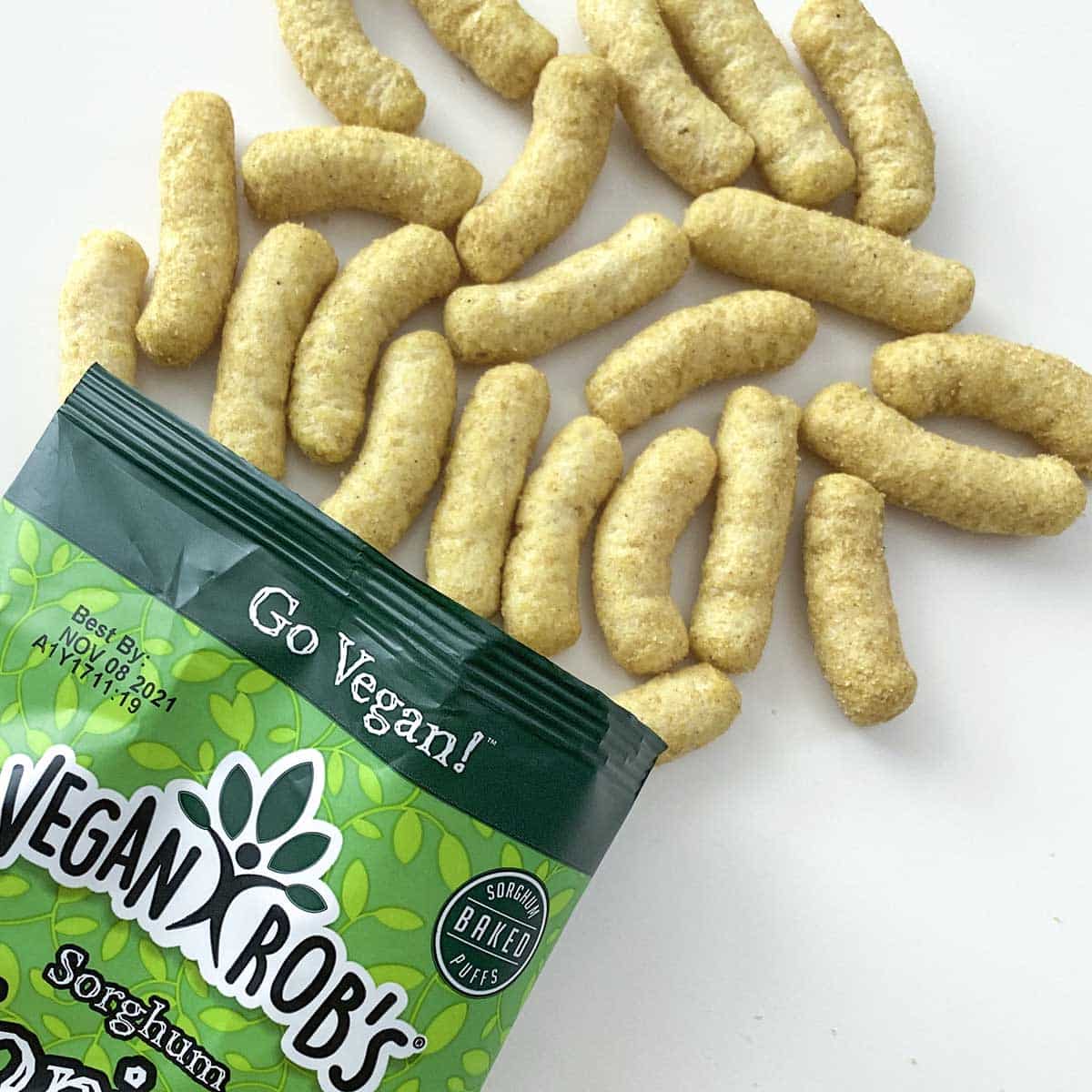 bag of Vegan Rob's puffs on a white table