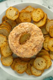 serving platted with vegan pimento cheese and bagel chips