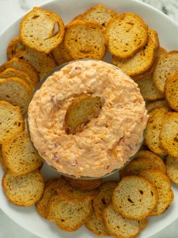 serving platted with vegan pimento cheese and bagel chips