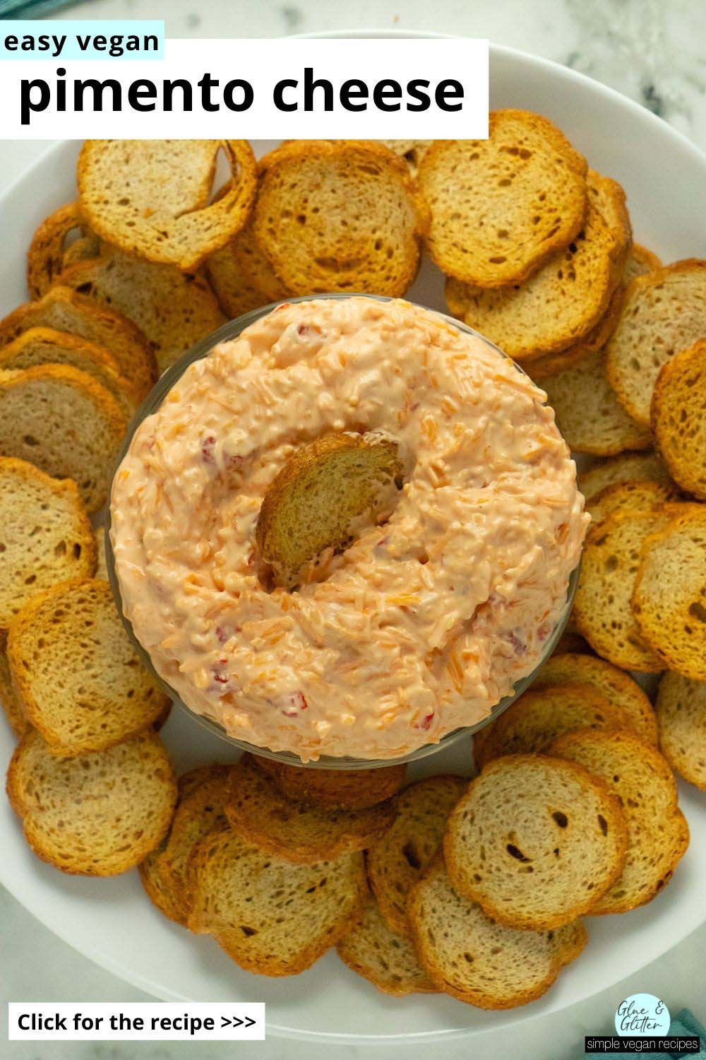 serving platted with vegan pimento cheese and bagel chips, text overlay